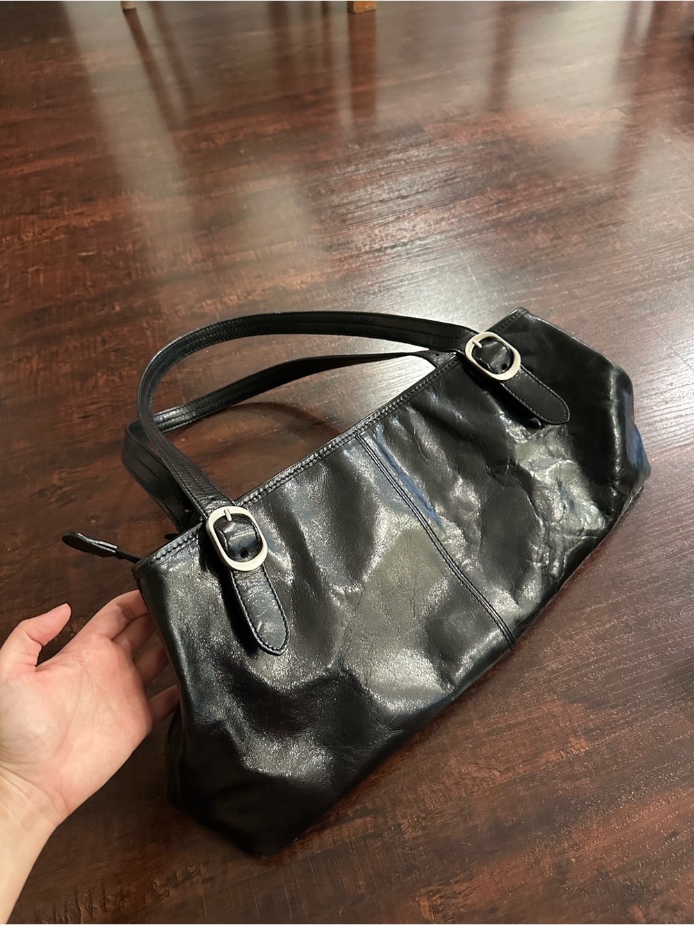 Kenneth Cole Black Leather Shoulder Bag with Silver-Tone Buckles